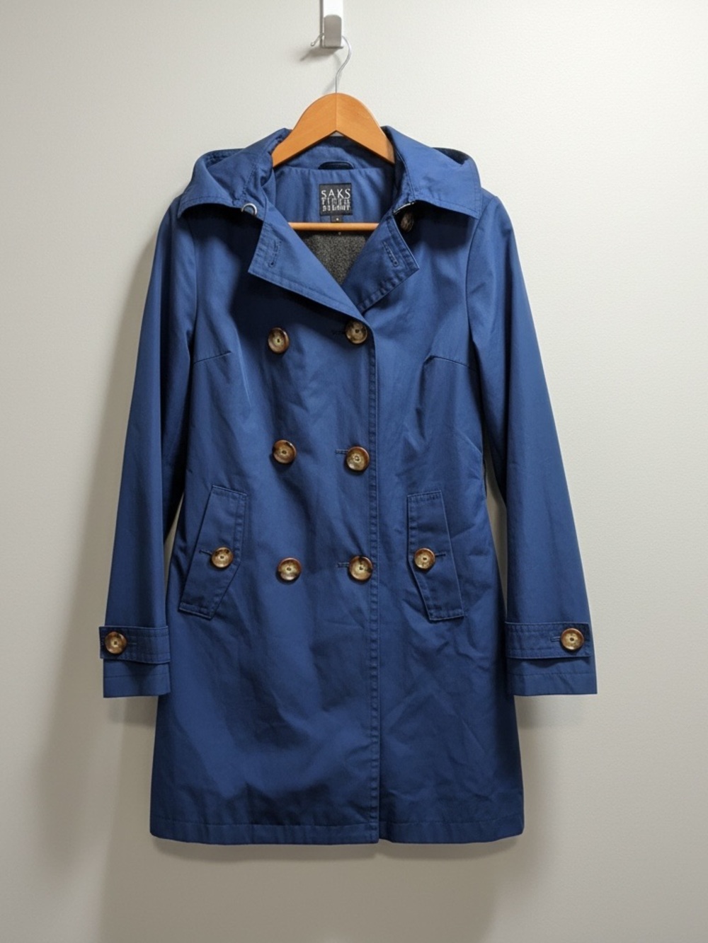 Saks Fifth Avenue Blue Trench Coat Hooded Removable Liner size Small